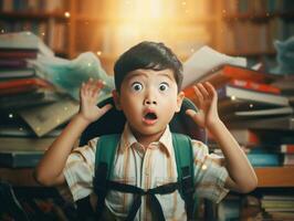 Asian kid in emotional dynamic pose in school AI Generative photo