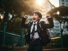 Asian kid in emotional dynamic pose in school AI Generative photo