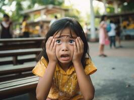 Asian kid in emotional dynamic pose in school AI Generative photo