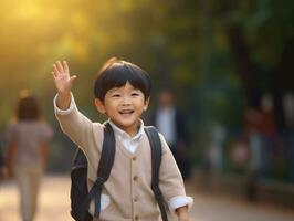 asiático niño en emocional dinámica actitud en colegio ai generativo foto