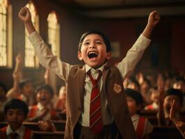 asiático niño en emocional dinámica actitud en colegio ai generativo foto