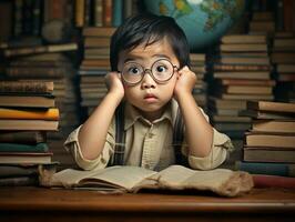 asiático niño en emocional dinámica actitud en colegio ai generativo foto