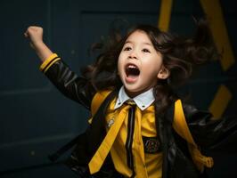 Asian kid in emotional dynamic pose in school AI Generative photo