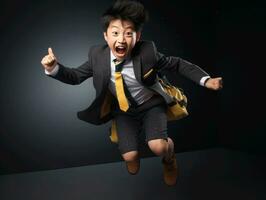 Asian kid in emotional dynamic pose in school AI Generative photo