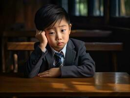 Asian kid in emotional dynamic pose in school AI Generative photo