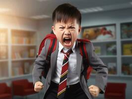 asiático niño en emocional dinámica actitud en colegio ai generativo foto