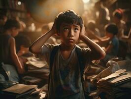 Asian kid in emotional dynamic pose in school AI Generative photo