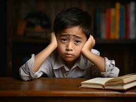 Asian kid in emotional dynamic pose in school AI Generative photo