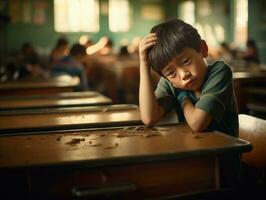 asiático niño en emocional dinámica actitud en colegio ai generativo foto