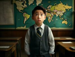 Asian kid in emotional dynamic pose in school AI Generative photo