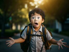 Asian kid in emotional dynamic pose in school AI Generative photo