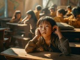 Asian kid in emotional dynamic pose in school AI Generative photo