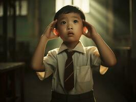 Asian kid in emotional dynamic pose in school AI Generative photo