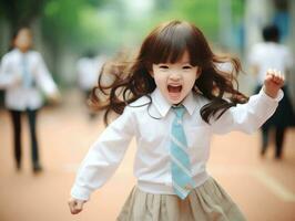 Asian kid in emotional dynamic pose in school AI Generative photo