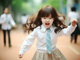 asiático niño en emocional dinámica actitud en colegio ai generativo foto