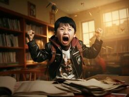 Asian kid in emotional dynamic pose in school AI Generative photo