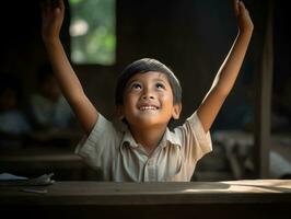 Asian kid in emotional dynamic pose in school AI Generative photo