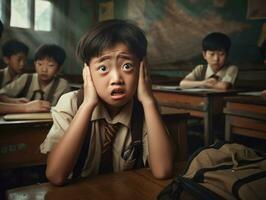 Asian kid in emotional dynamic pose in school AI Generative photo