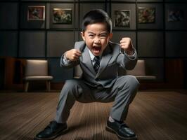 Asian kid in emotional dynamic pose in school AI Generative photo