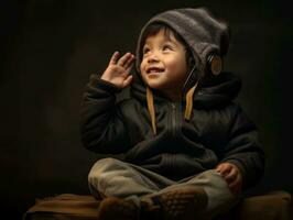 Asian kid in emotional dynamic pose in school AI Generative photo