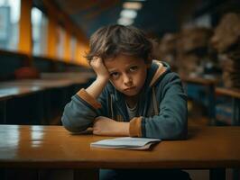 Asian kid in emotional dynamic pose in school AI Generative photo