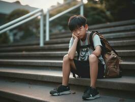 Asian kid in emotional dynamic pose in school AI Generative photo