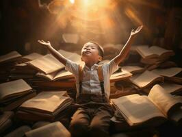 asiático niño en emocional dinámica actitud en colegio ai generativo foto