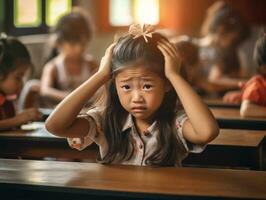 Asian kid in emotional dynamic pose in school AI Generative photo