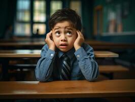 asiático niño en emocional dinámica actitud en colegio ai generativo foto