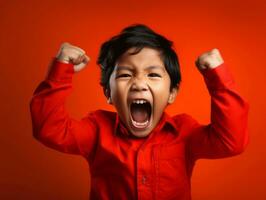 asiático niño en emocional dinámica actitud en colegio ai generativo foto