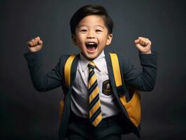 Asian kid in emotional dynamic pose in school AI Generative photo