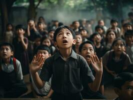 Asian kid in emotional dynamic pose in school AI Generative photo