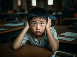 Asian kid in emotional dynamic pose in school AI Generative photo