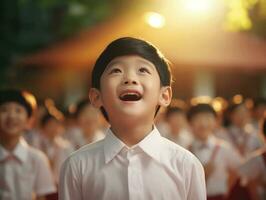 asiático niño en emocional dinámica actitud en colegio ai generativo foto