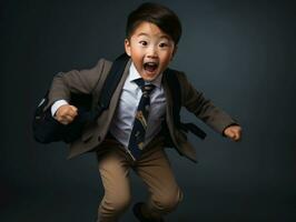 Asian kid in emotional dynamic pose in school AI Generative photo