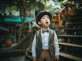asiático niño en emocional dinámica actitud en colegio ai generativo foto