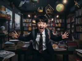 Asian kid in emotional dynamic pose in school AI Generative photo