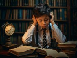 Asian kid in emotional dynamic pose in school AI Generative photo