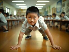 asiático niño en emocional dinámica actitud en colegio ai generativo foto