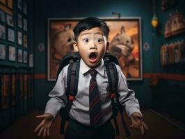 Asian kid in emotional dynamic pose in school AI Generative photo