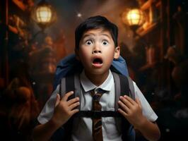 Asian kid in emotional dynamic pose in school AI Generative photo