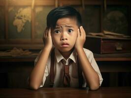 Asian kid in emotional dynamic pose in school AI Generative photo