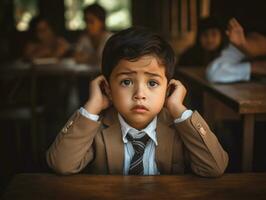 Asian kid in emotional dynamic pose in school AI Generative photo