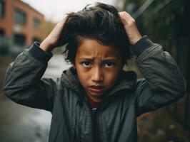 Asian kid in emotional dynamic pose in school AI Generative photo