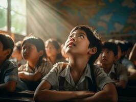 Asian kid in emotional dynamic pose in school AI Generative photo