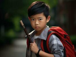 asiático niño en emocional dinámica actitud en colegio ai generativo foto