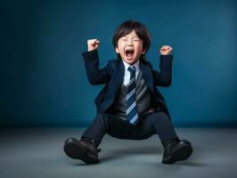 Asian kid in emotional dynamic pose in school AI Generative photo