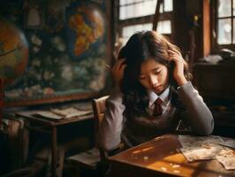 Asian kid in emotional dynamic pose in school AI Generative photo
