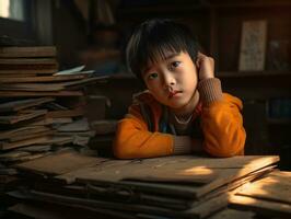 Asian kid in emotional dynamic pose in school AI Generative photo