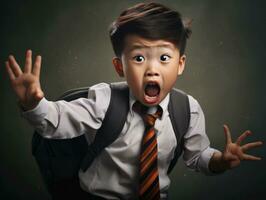 Asian kid in emotional dynamic pose in school AI Generative photo